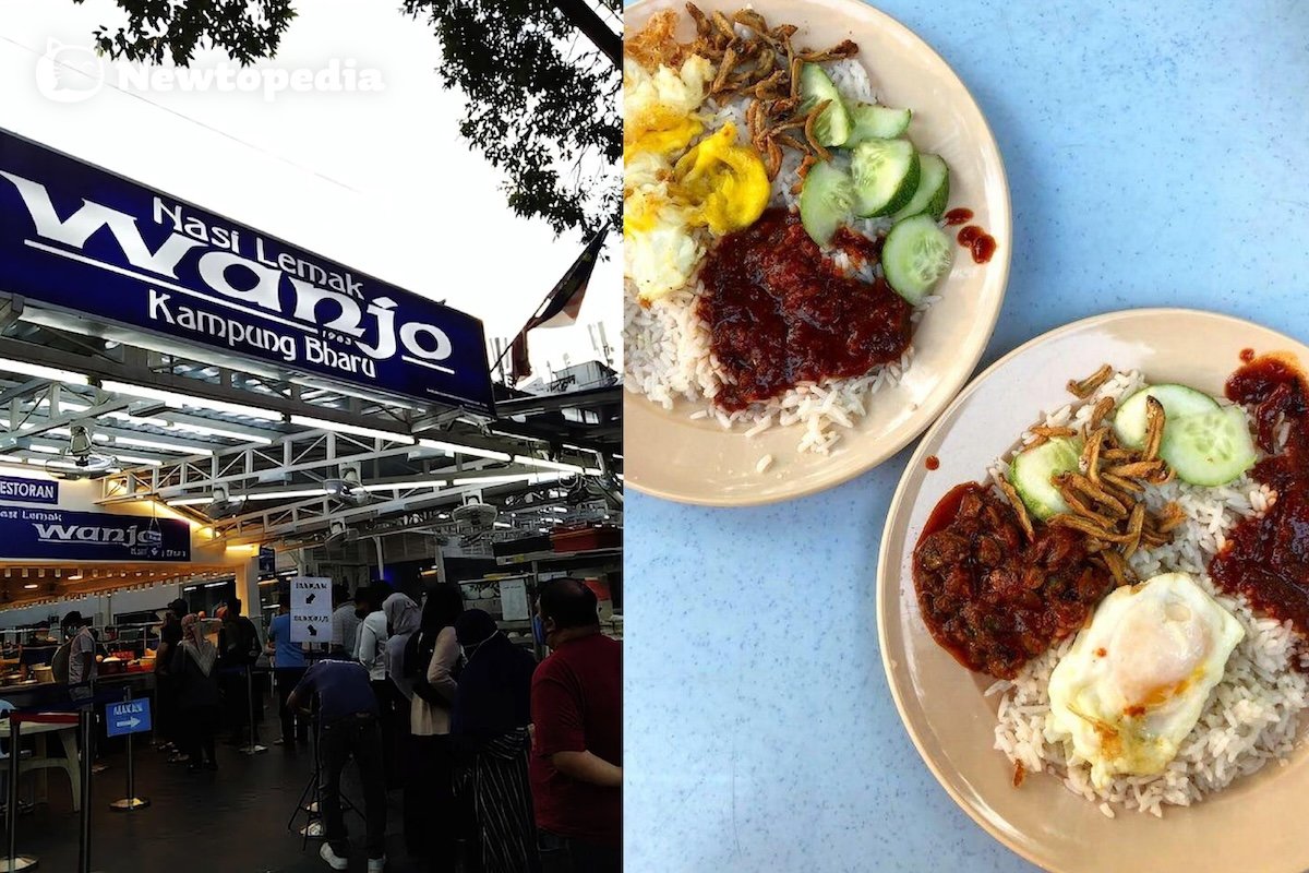 Nasi Lemak Wanjo Kampung Baru signboard and two plates of nasi lemak with fluffy coconut rice, sambal, fried egg and ikan bilis